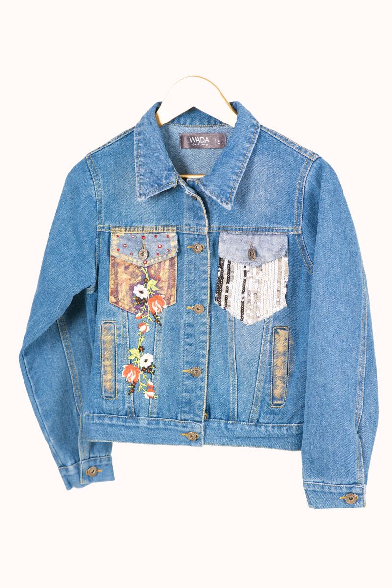 DENIM JACKET WITH ANGEL WINGS – RED ROSES